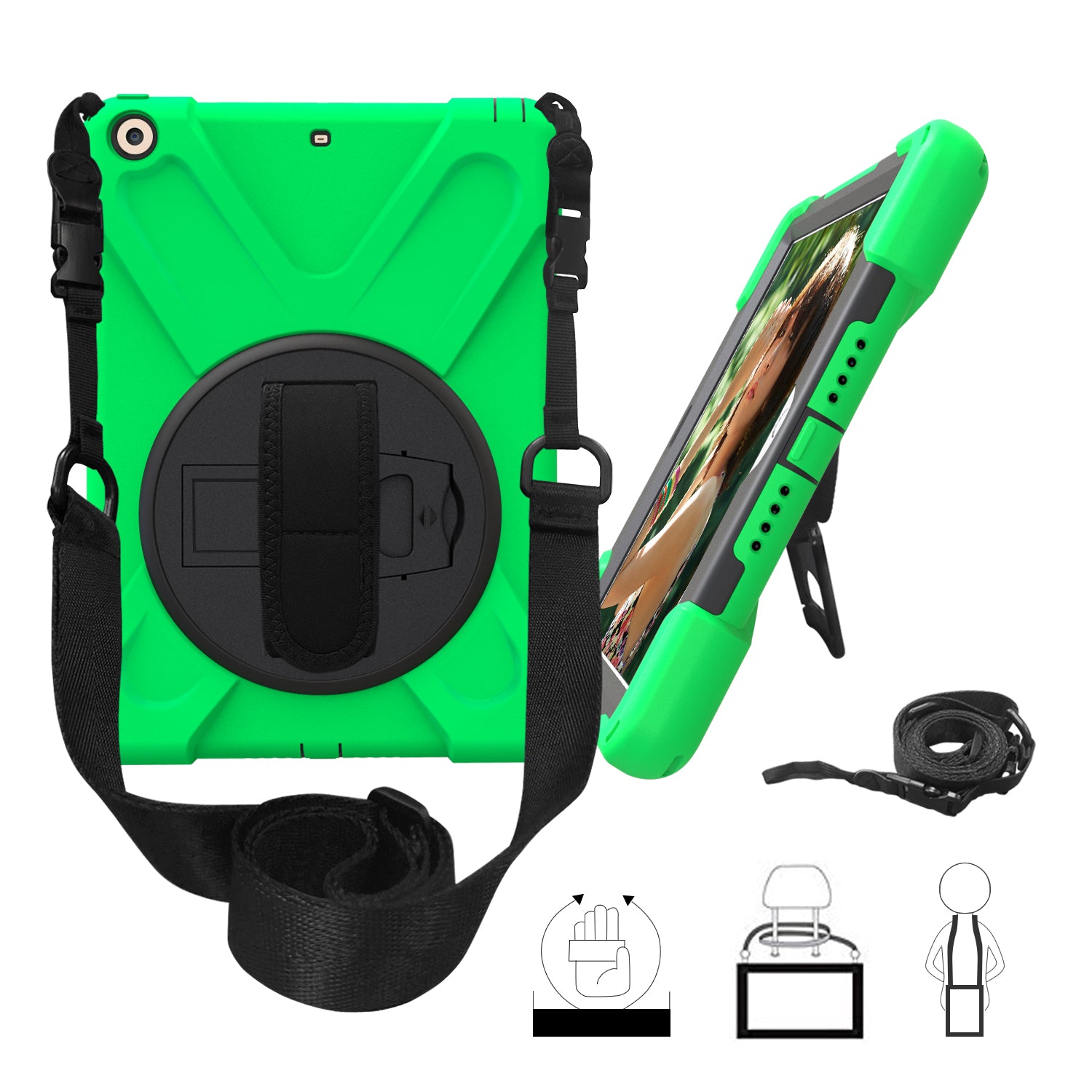 For iPad 9.7 (2018)/9.7 (2017) X-Shape 360 Degree Swivel PC + TPU Combo Kickstand Protective Case with Hand Holder Strap and Shoulder Strap