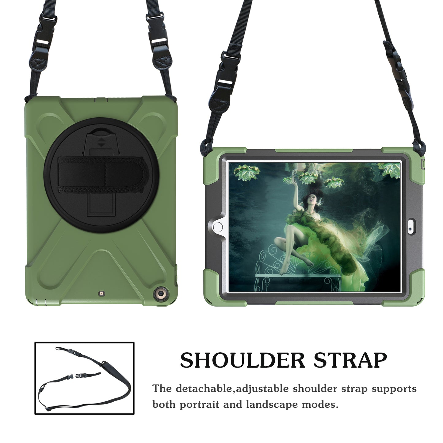 For iPad 9.7 (2018)/9.7 (2017) X-Shape 360 Degree Swivel PC + TPU Combo Kickstand Protective Case with Hand Holder Strap and Shoulder Strap