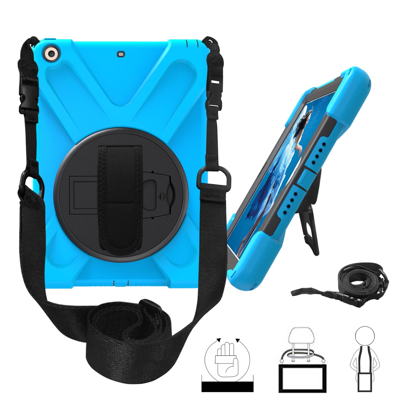 For iPad 9.7 (2018)/9.7 (2017) X-Shape 360 Degree Swivel PC + TPU Combo Kickstand Protective Case with Hand Holder Strap and Shoulder Strap