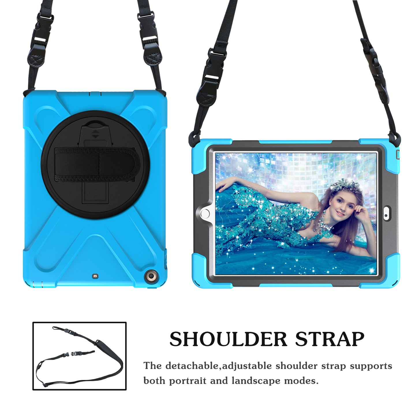 For iPad 9.7 (2018)/9.7 (2017) X-Shape 360 Degree Swivel PC + TPU Combo Kickstand Protective Case with Hand Holder Strap and Shoulder Strap