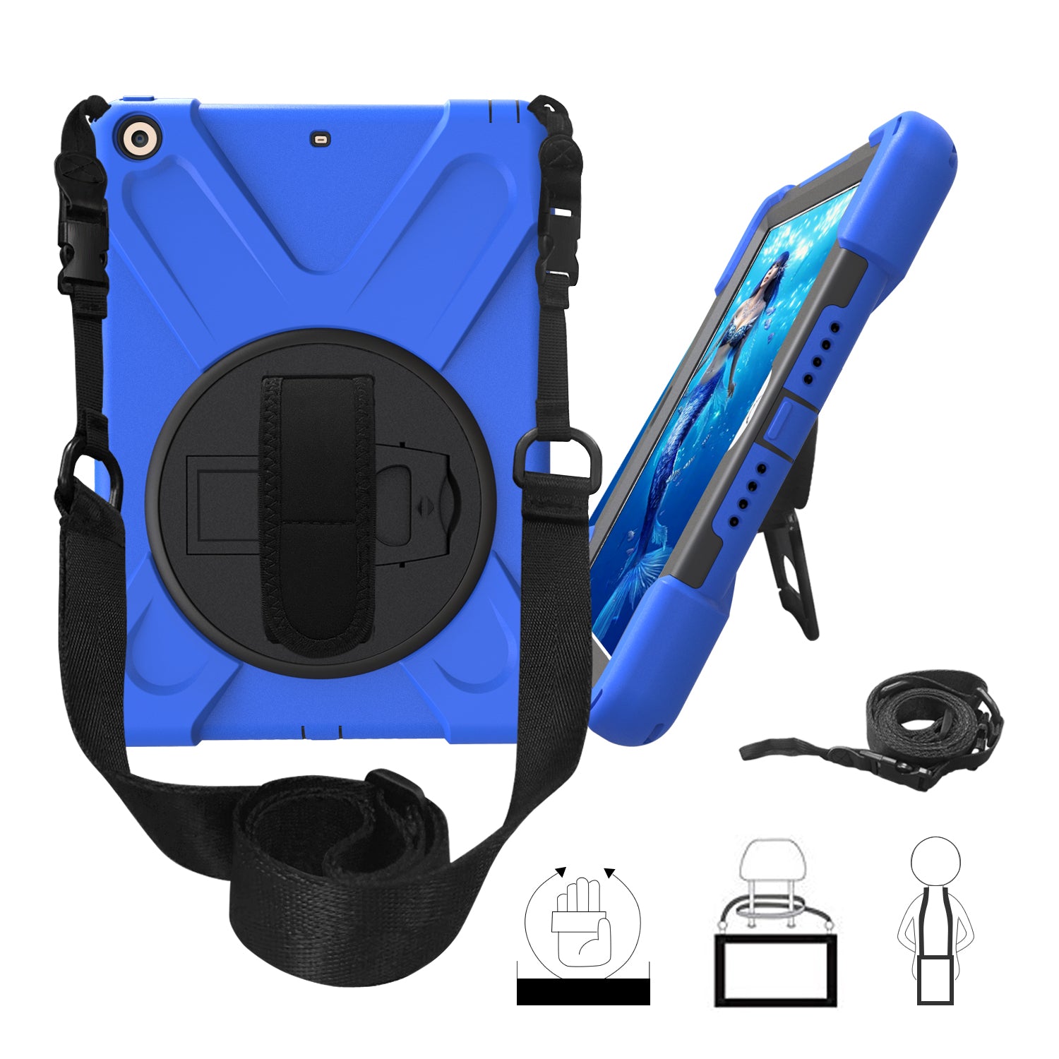 For iPad 9.7 (2018)/9.7 (2017) X-Shape 360 Degree Swivel PC + TPU Combo Kickstand Protective Case with Hand Holder Strap and Shoulder Strap