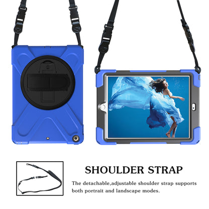 For iPad 9.7 (2018)/9.7 (2017) X-Shape 360 Degree Swivel PC + TPU Combo Kickstand Protective Case with Hand Holder Strap and Shoulder Strap