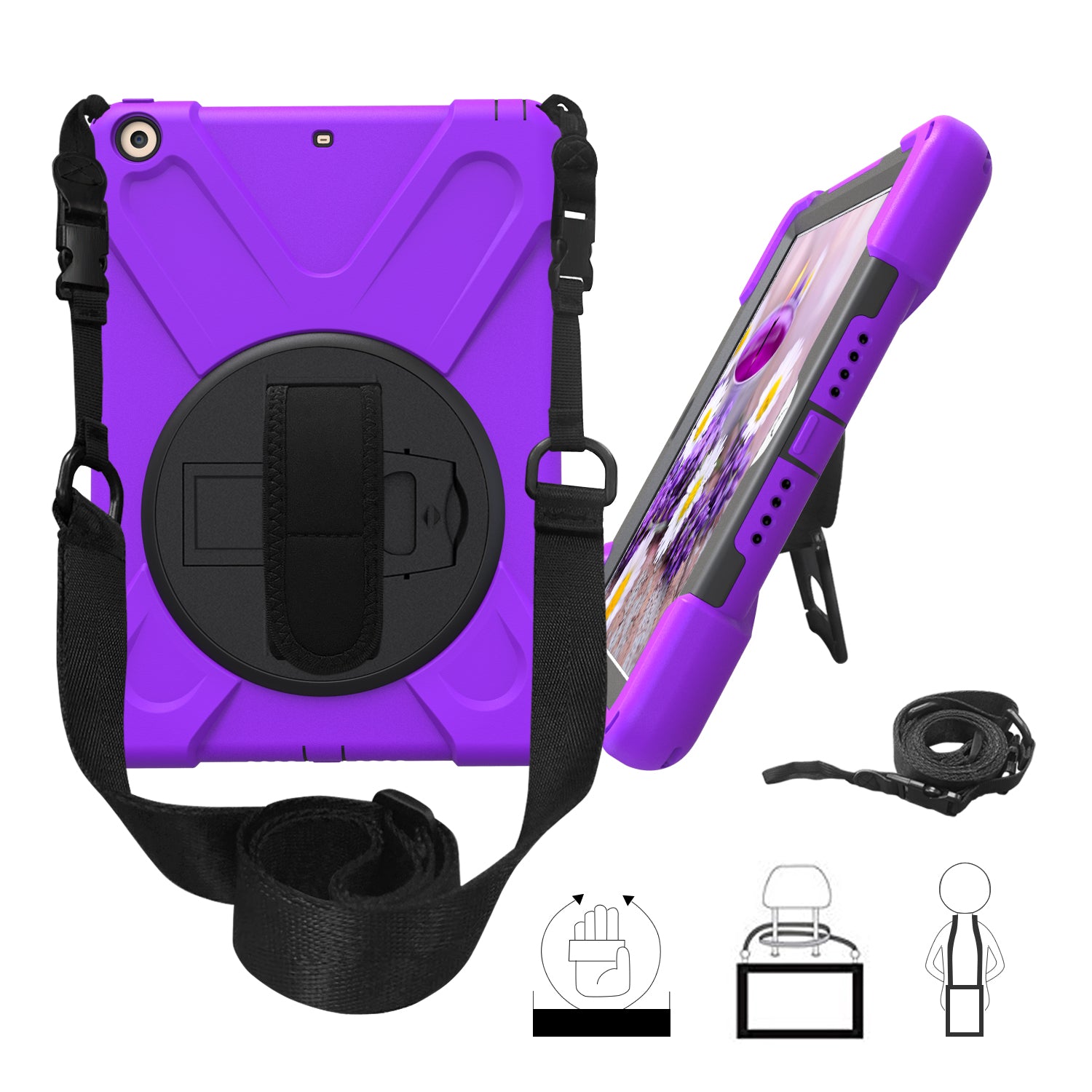 For iPad 9.7 (2018)/9.7 (2017) X-Shape 360 Degree Swivel PC + TPU Combo Kickstand Protective Case with Hand Holder Strap and Shoulder Strap