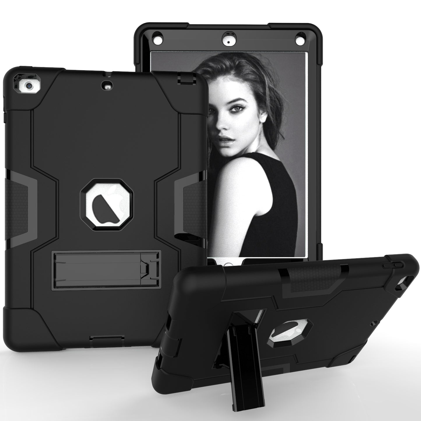 For iPad 9.7-inch (2018)/iPad 9.7-inch (2017) Bi-color PC Silicone Tablet Case Kickstand Anti-drop Hybrid Cover 