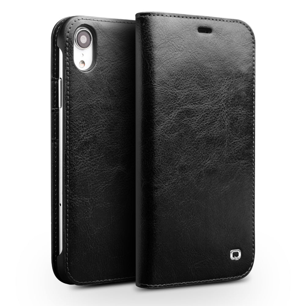 QIALINO Genuine Cowhide Leather Phone Case for iPhone XR 6.1 inch, Full Protection Folio Flip Wallet Mobile Cover