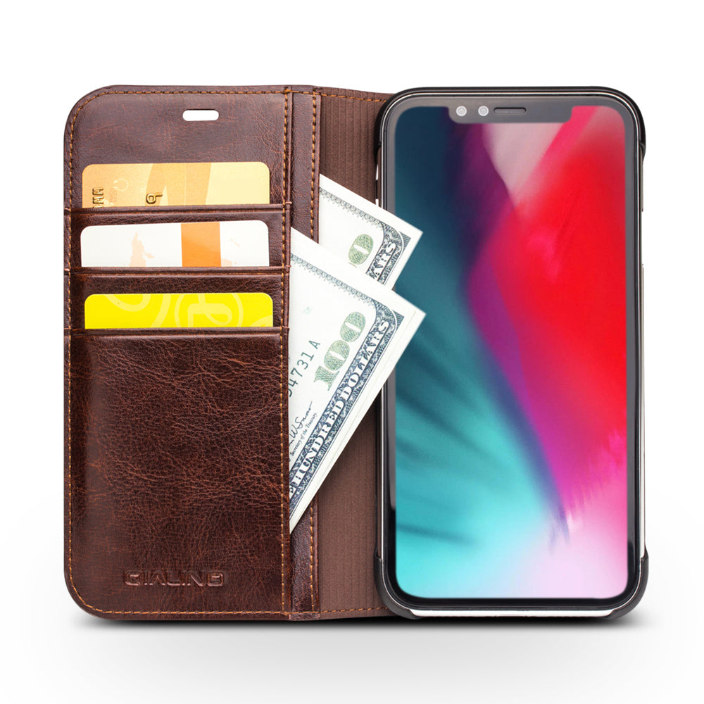 QIALINO Genuine Cowhide Leather Phone Case for iPhone XR 6.1 inch, Full Protection Folio Flip Wallet Mobile Cover