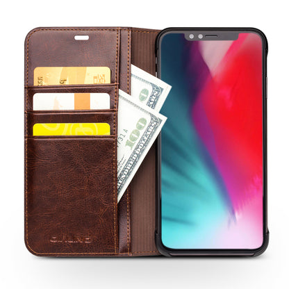 QIALINO For iPhone Xs Max 6.5 inch Genuine Cowhide Leather Wallet Case Folio Flip Phone Cover