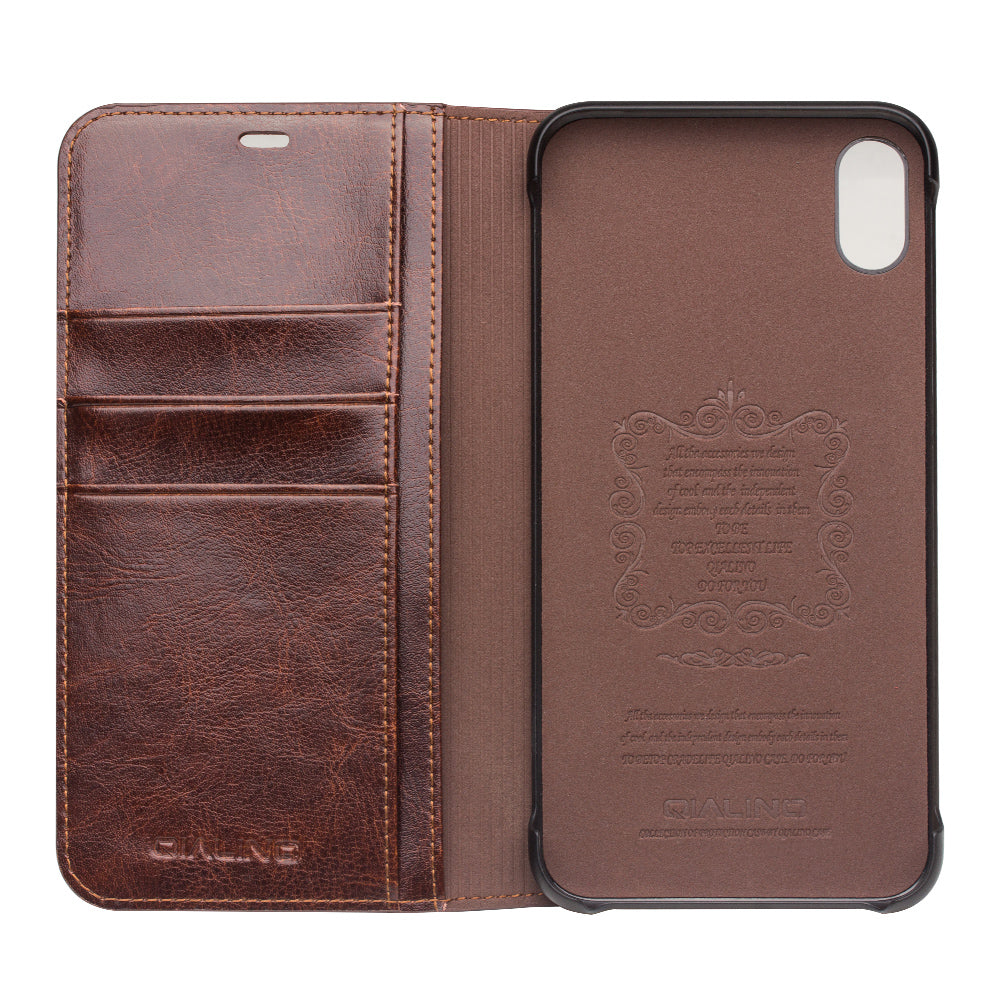 QIALINO For iPhone Xs Max 6.5 inch Genuine Cowhide Leather Wallet Case Folio Flip Phone Cover