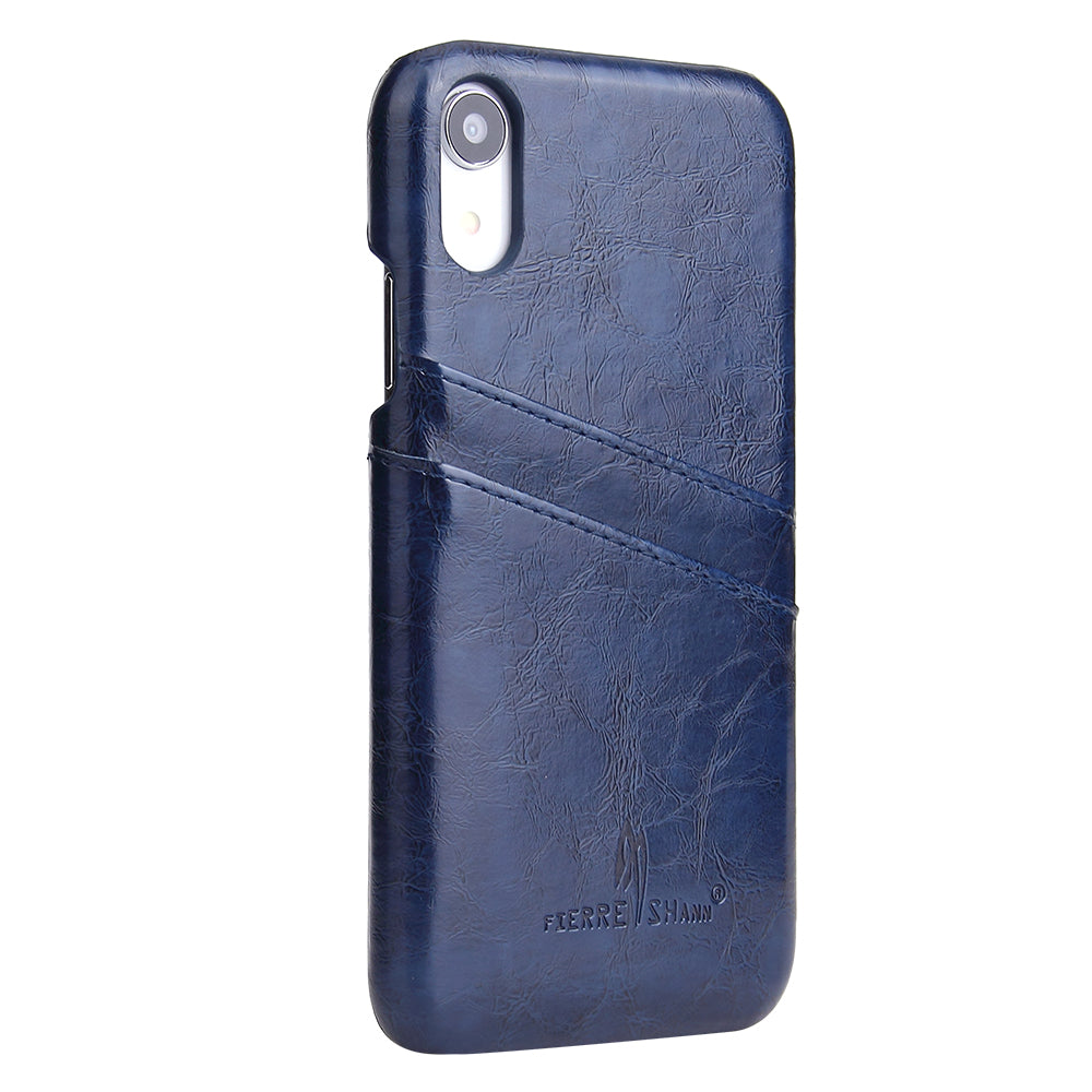 FIERRE SHANN for iPhone XR 6.1-inch Oil Wax Card Holder PU Leather Coated PC Cell Phone Case