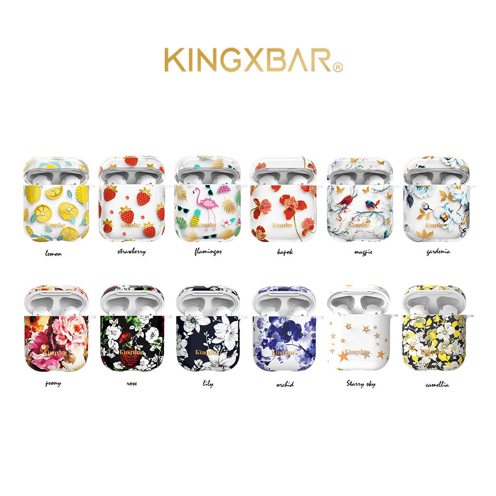 KINGXBAR Water Transfer Printing Authorized Swarovski Rhinestone PC Protective Case for Apple AirPods with Charging Case (2016)/(2019)