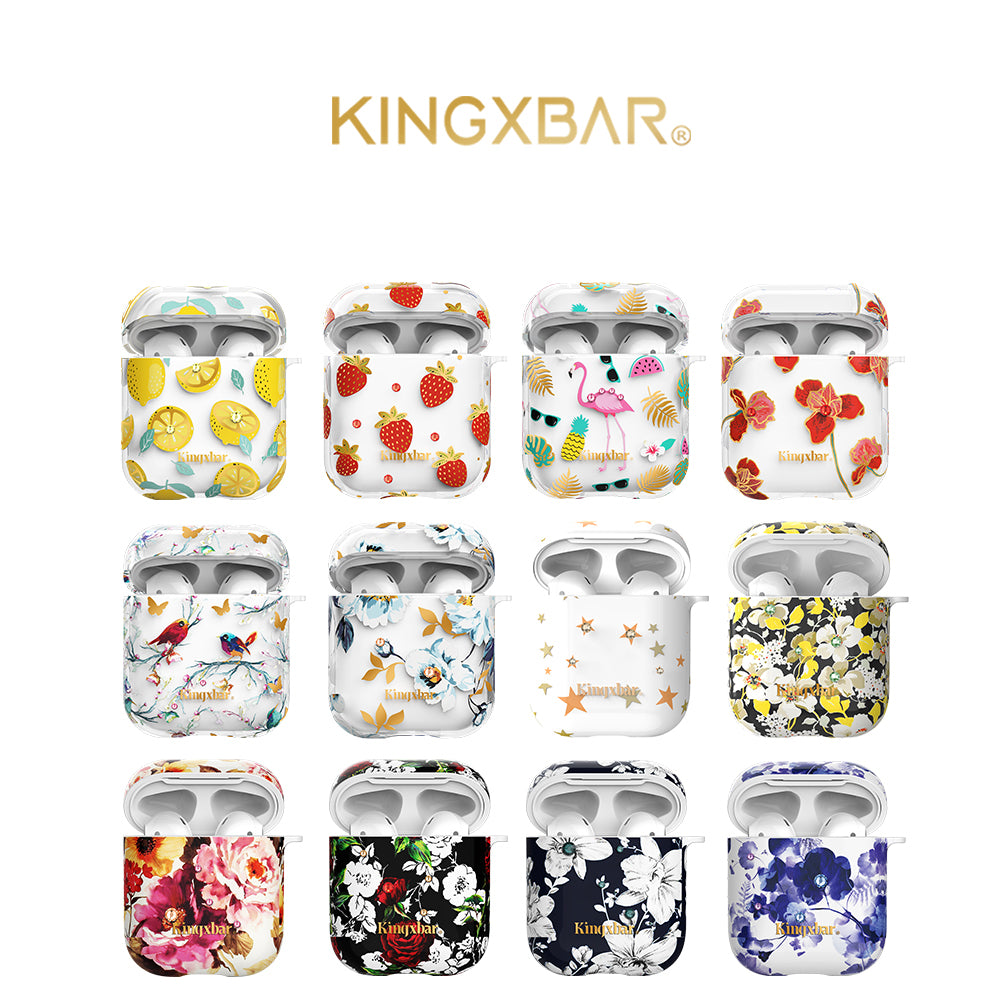 KINGXBAR Water Transfer Printing Authorized Swarovski Rhinestone PC Protective Case for Apple AirPods with Charging Case (2016)/(2019)