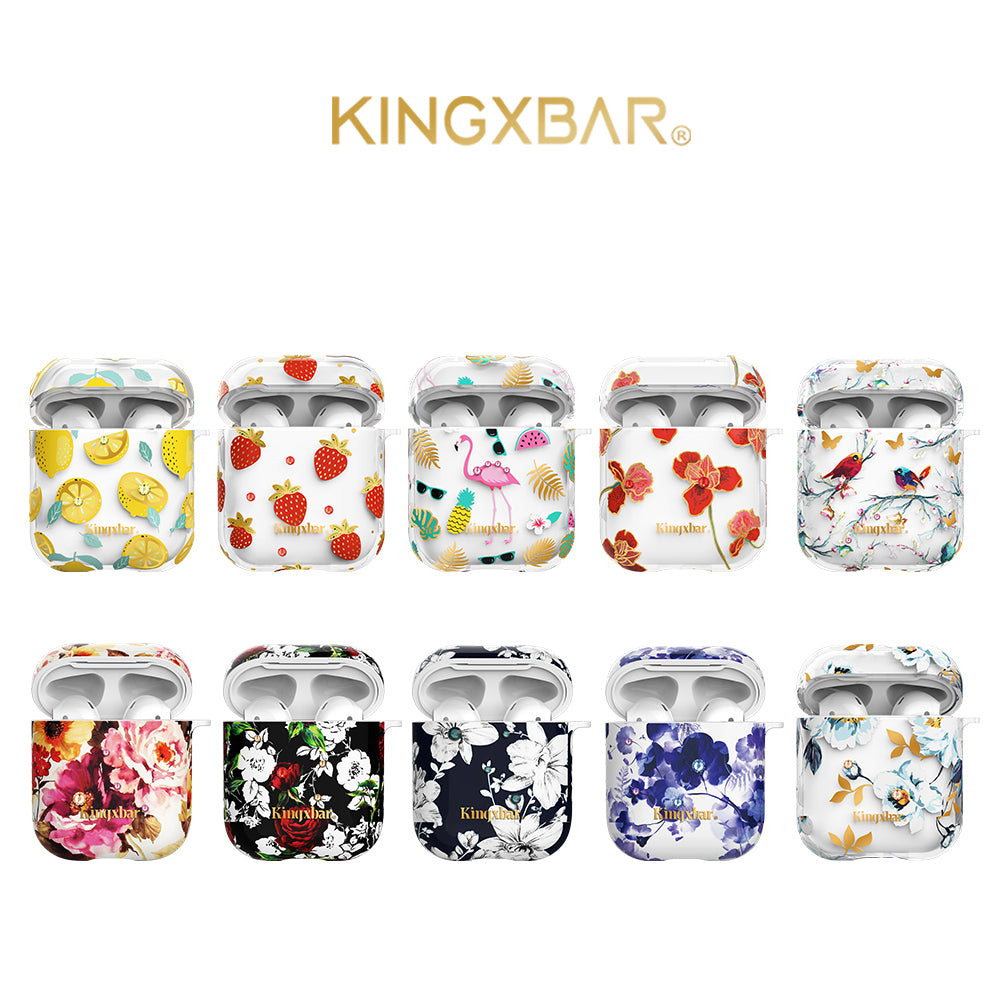 KINGXBAR Water Transfer Printing Authorized Swarovski Rhinestone PC Protective Case for Apple AirPods with Charging Case (2016)/(2019)