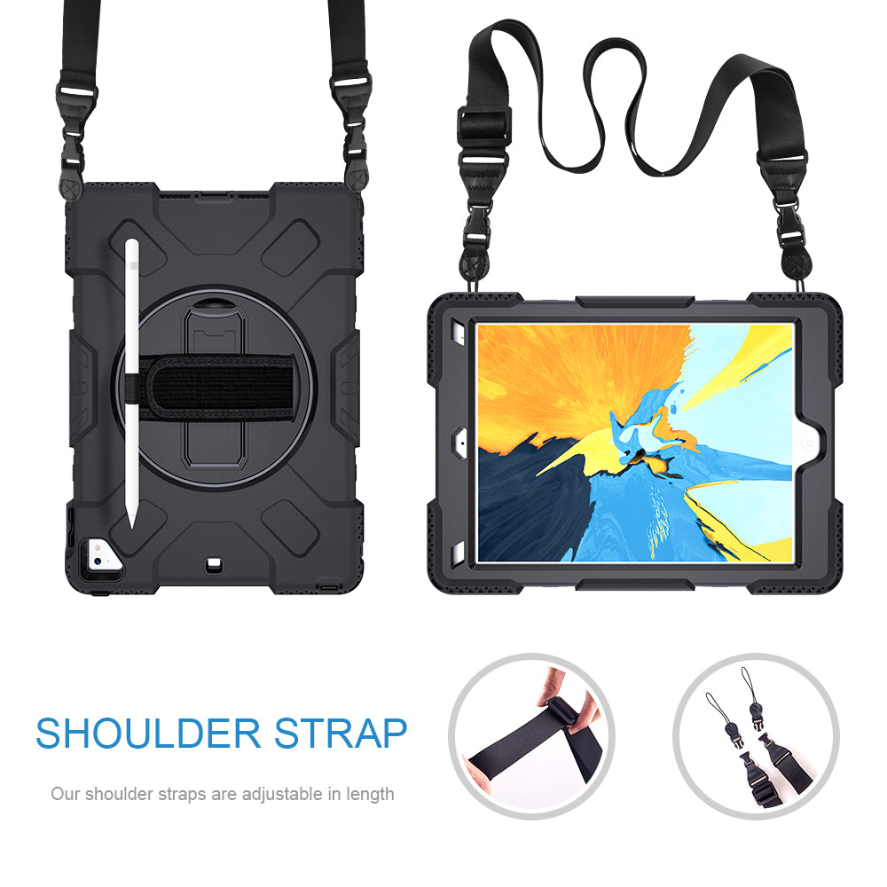 [Built-in Hand Strap] Rotating Kickstand PC + Thicken Silicone Tablet Hybrid Case with Shoulder Strap for iPad 9.7-inch (2018)/(2017)/iPad Pro (2016)/iPad Air 2