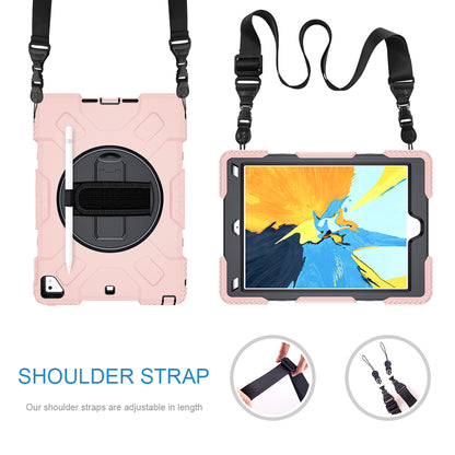 [Built-in Hand Strap] Rotating Kickstand PC + Thicken Silicone Tablet Hybrid Case with Shoulder Strap for iPad 9.7-inch (2018)/(2017)/iPad Pro (2016)/iPad Air 2