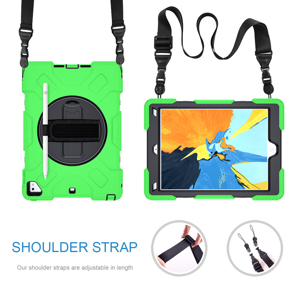 [Built-in Hand Strap] Rotating Kickstand PC + Thicken Silicone Tablet Hybrid Case with Shoulder Strap for iPad 9.7-inch (2018)/(2017)/iPad Pro (2016)/iPad Air 2