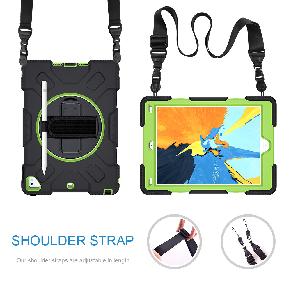 [Built-in Hand Strap] Rotating Kickstand PC + Thicken Silicone Tablet Hybrid Case with Shoulder Strap for iPad 9.7-inch (2018)/(2017)/iPad Pro (2016)/iPad Air 2