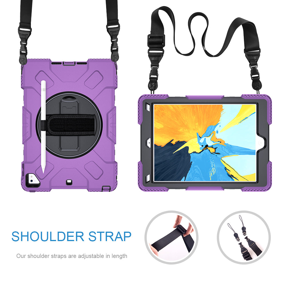 [Built-in Hand Strap] Rotating Kickstand PC + Thicken Silicone Tablet Hybrid Case with Shoulder Strap for iPad 9.7-inch (2018)/(2017)/iPad Pro (2016)/iPad Air 2