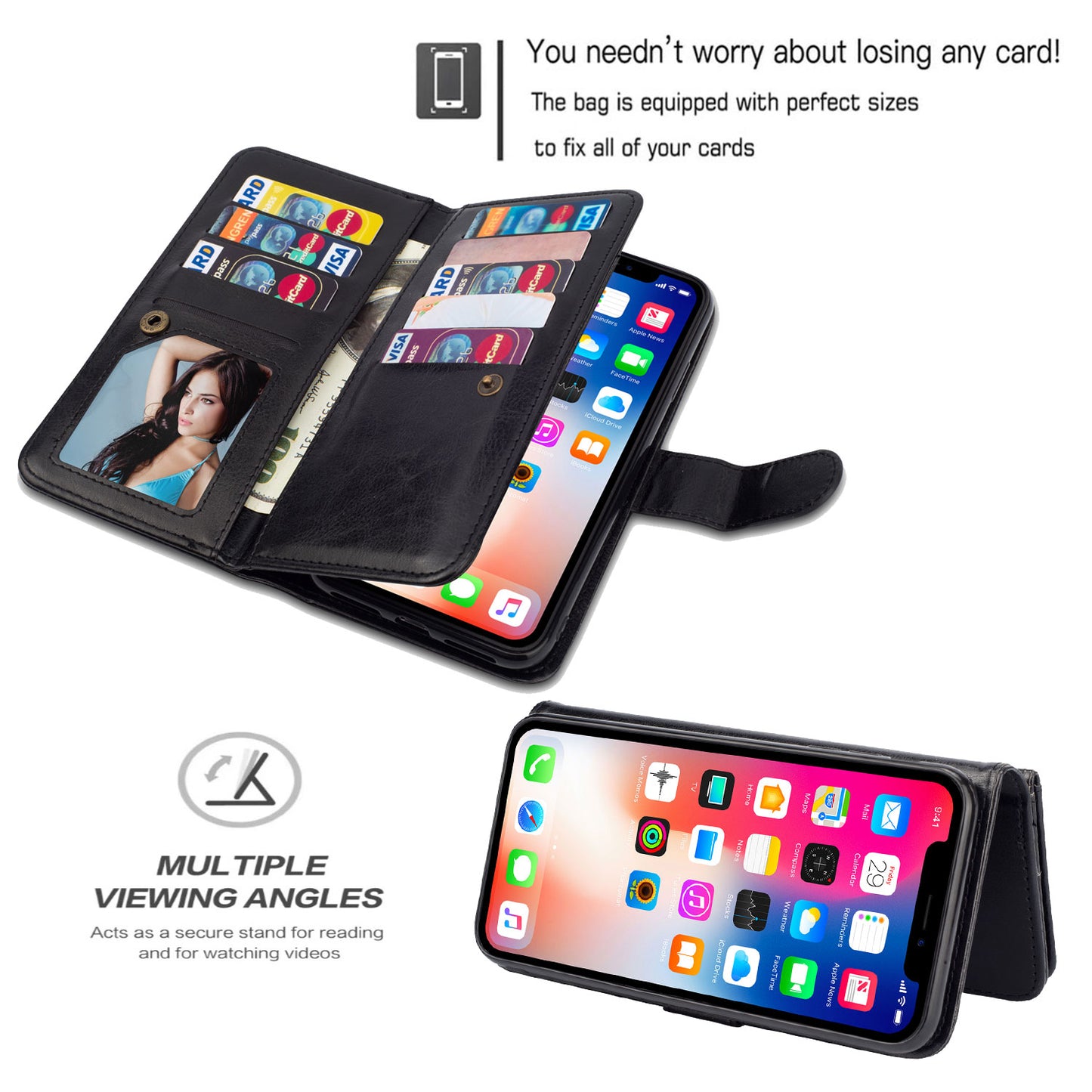 With 9 Card Slots Cell Phone Leather Case for iPhone 12 Pro Max 6.7-inch