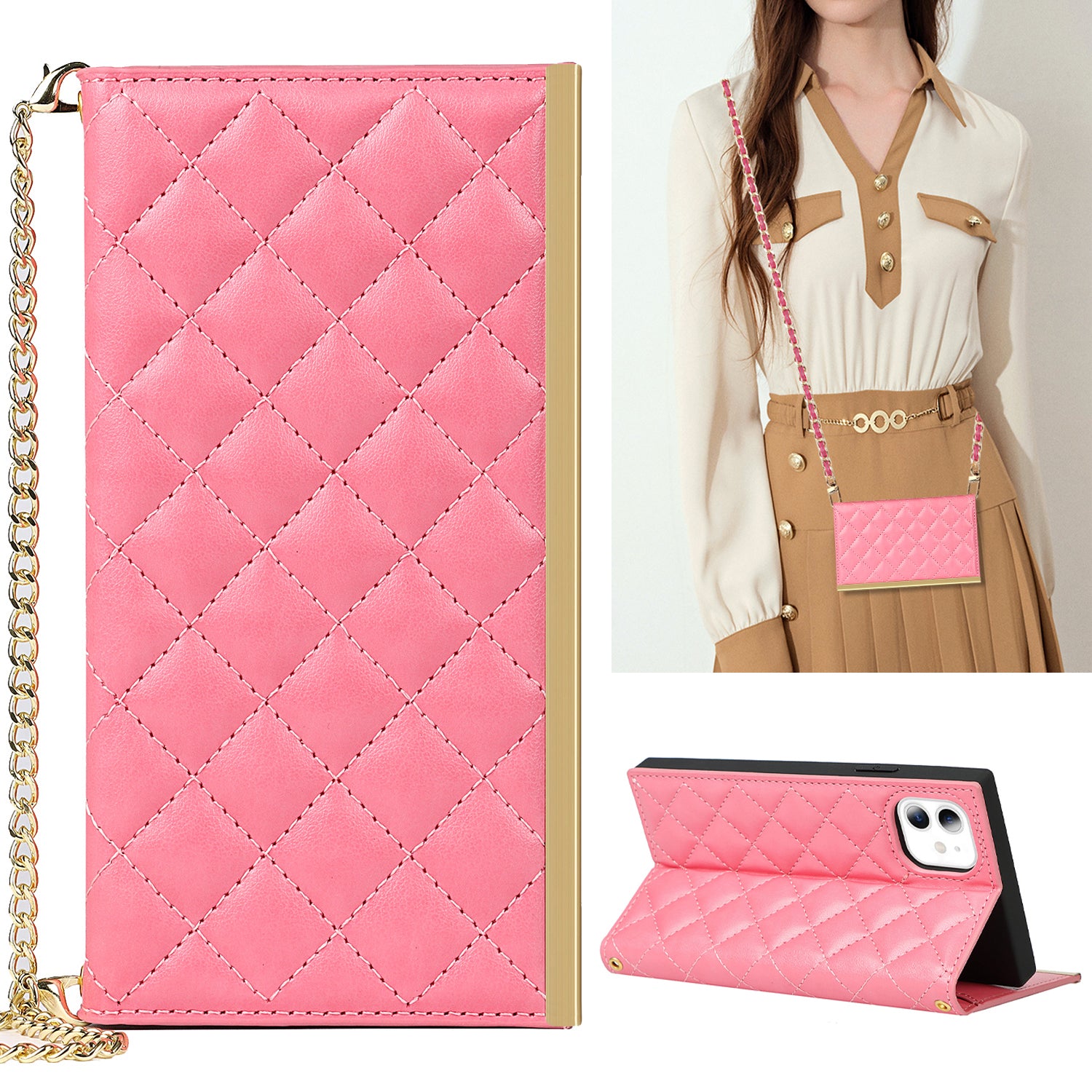 [Built-in Makeup Mirror] Grid Texture Leather Phone Case Crossbody Bag with Shoulder Strap for iPhone 12 mini 5.4 inch