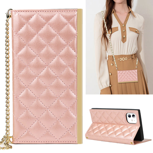 [Built-in Makeup Mirror] Grid Texture Leather Phone Case Crossbody Bag with Shoulder Strap for iPhone 12 mini 5.4 inch