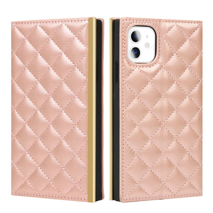 [Built-in Makeup Mirror] Grid Texture Leather Phone Case Crossbody Bag with Shoulder Strap for iPhone 12 mini 5.4 inch