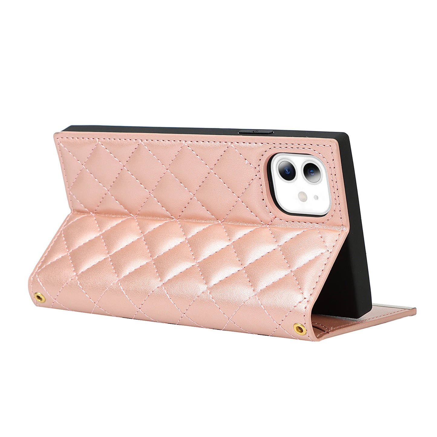 [Built-in Makeup Mirror] Grid Texture Leather Phone Case Crossbody Bag with Shoulder Strap for iPhone 12 mini 5.4 inch