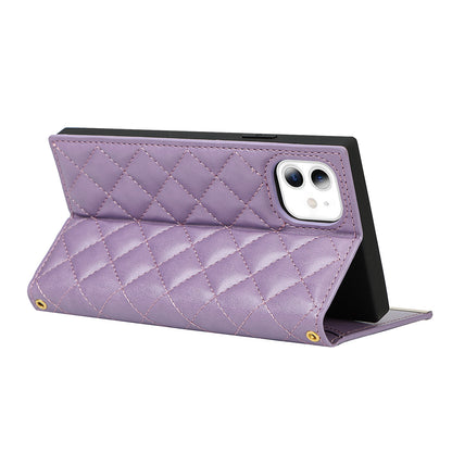 [Built-in Makeup Mirror] Grid Texture Leather Phone Case Crossbody Bag with Shoulder Strap for iPhone 12 mini 5.4 inch