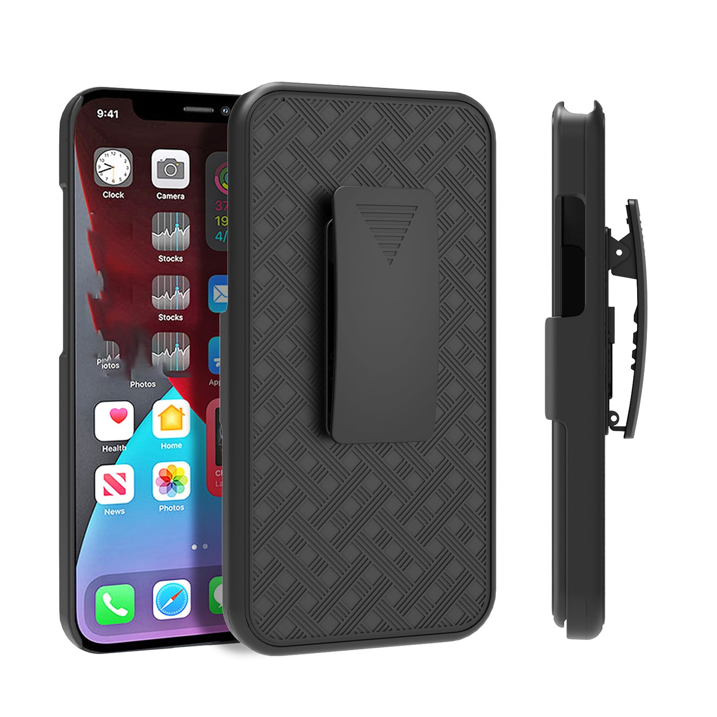 Stylish Woven Texture Scratch-Resistant Swivel Belt Clip Kickstand PC + TPU Hybrid Case for iPhone 13 6.1 inch