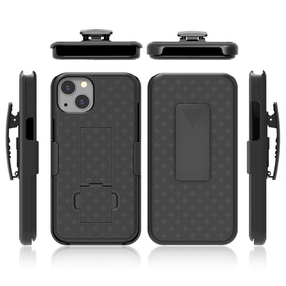 Stylish Woven Texture Scratch-Resistant Swivel Belt Clip Kickstand PC + TPU Hybrid Case for iPhone 13 6.1 inch