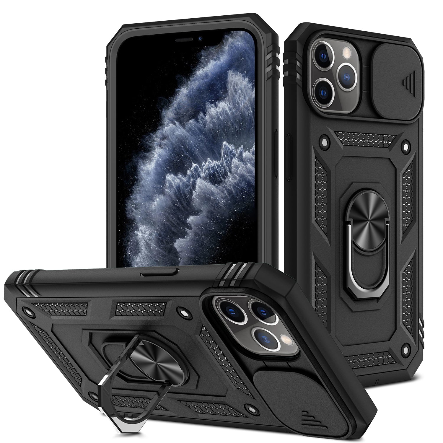 Shockproof Hard PC Back + TPU Frame Protective Case with Kickstand and Slide Camera Lens Protection for iPhone 11 Pro 5.8 inch