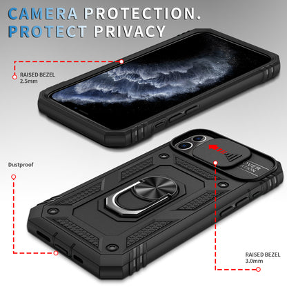 Shockproof Hard PC Back + TPU Frame Protective Case with Kickstand and Slide Camera Lens Protection for iPhone 11 Pro 5.8 inch