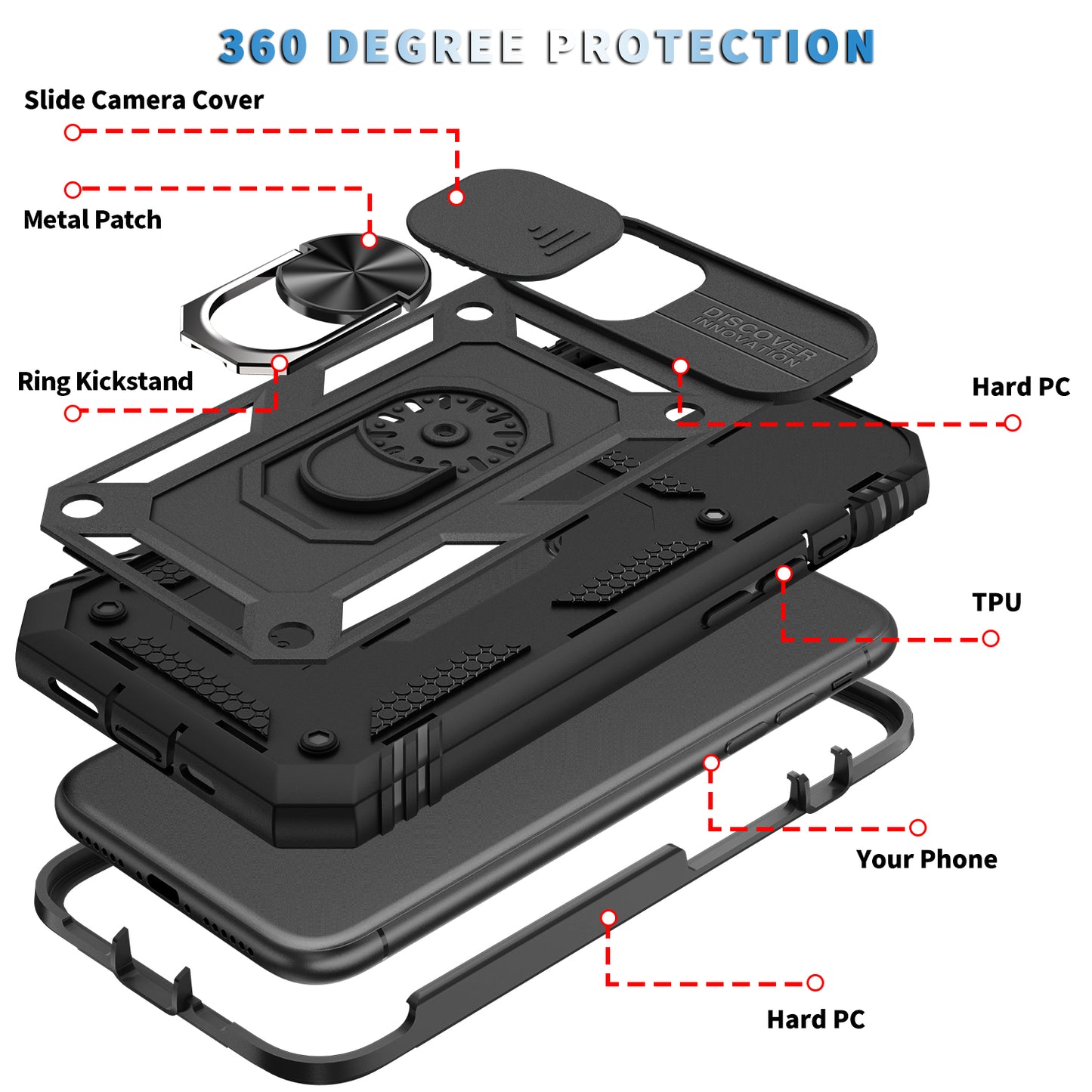 Shockproof Hard PC Back + TPU Frame Protective Case with Kickstand and Slide Camera Lens Protection for iPhone 11 Pro 5.8 inch