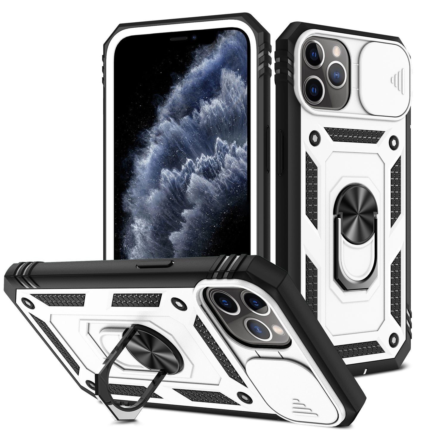 Shockproof Hard PC Back + TPU Frame Protective Case with Kickstand and Slide Camera Lens Protection for iPhone 11 Pro 5.8 inch