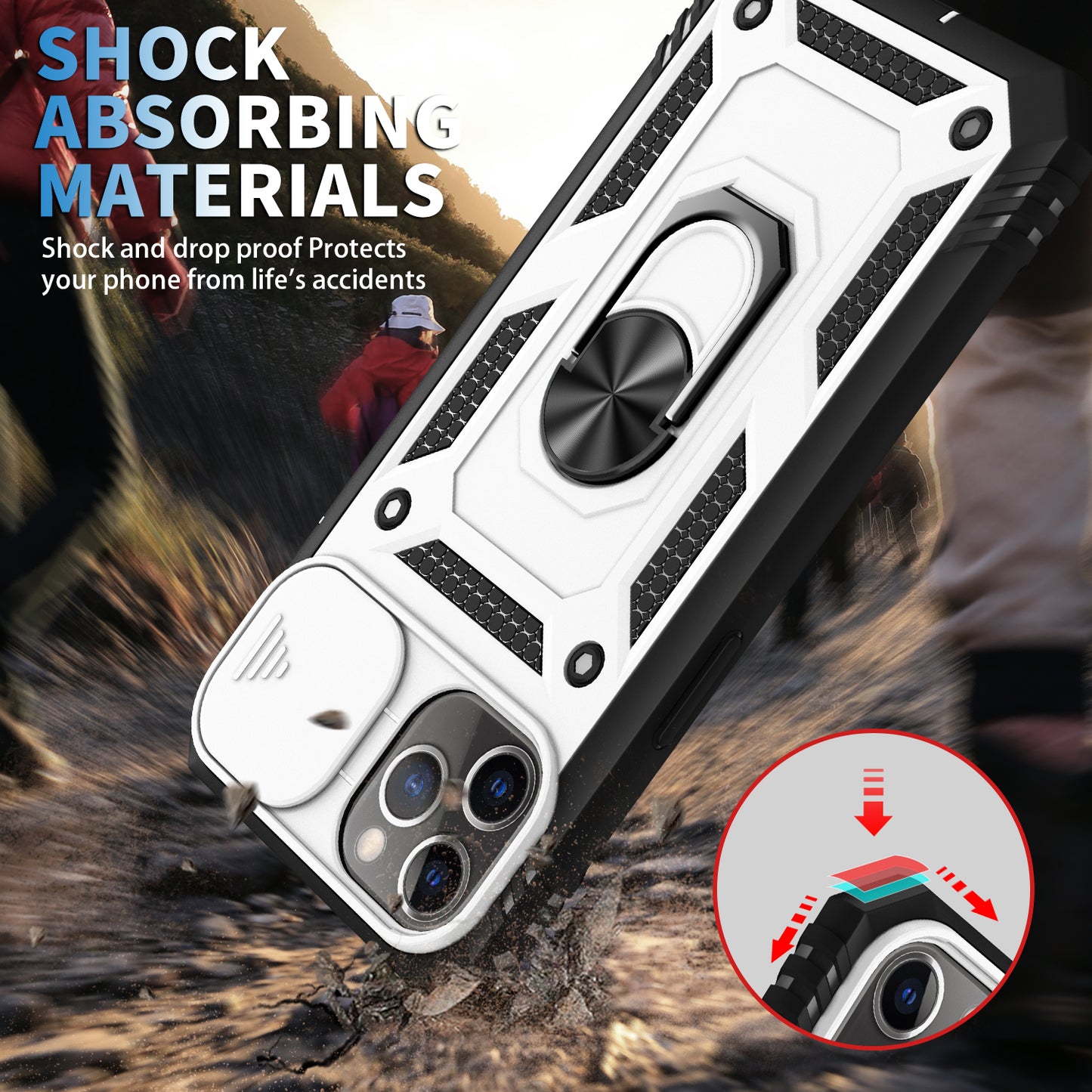 Shockproof Hard PC Back + TPU Frame Protective Case with Kickstand and Slide Camera Lens Protection for iPhone 11 Pro 5.8 inch