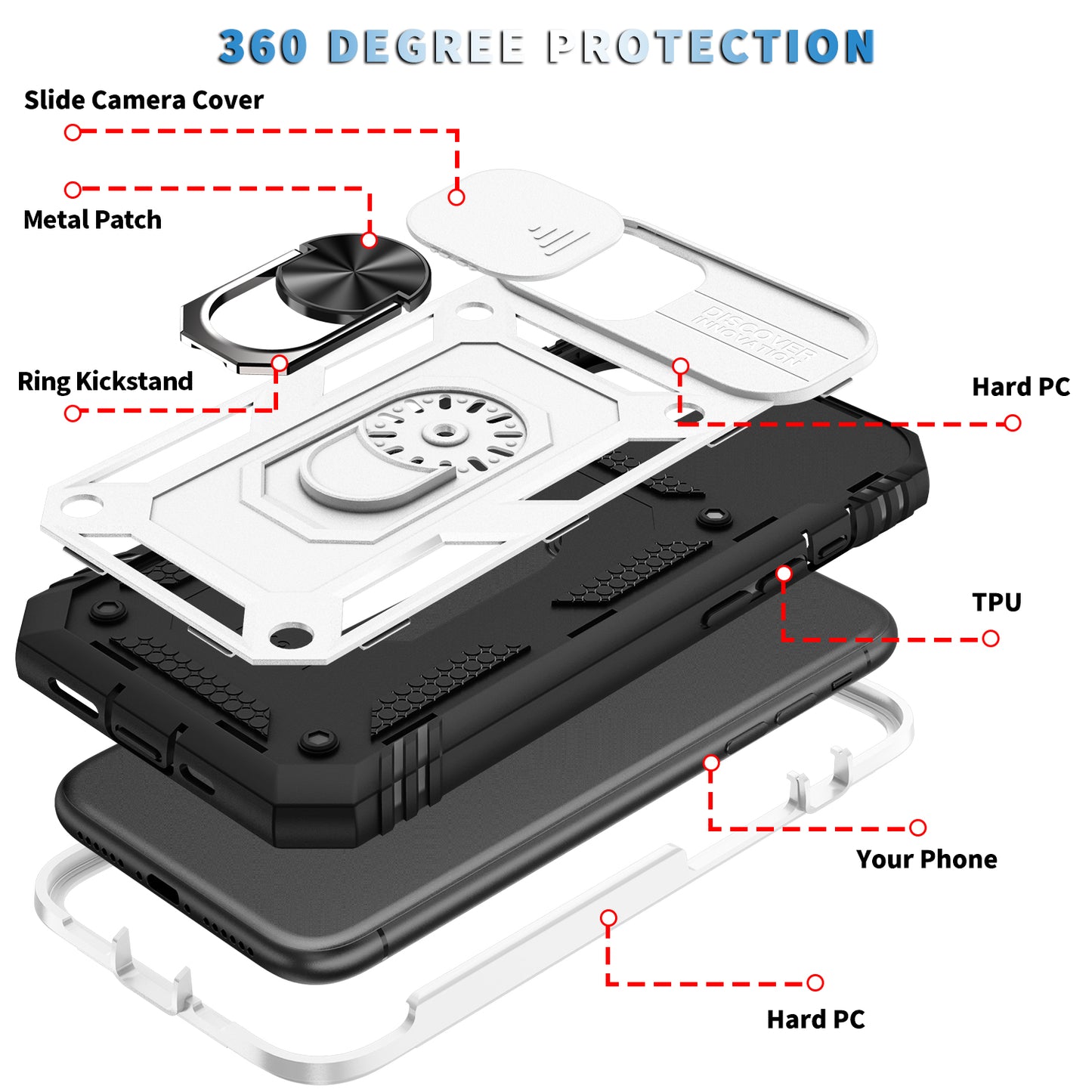 Shockproof Hard PC Back + TPU Frame Protective Case with Kickstand and Slide Camera Lens Protection for iPhone 11 Pro 5.8 inch