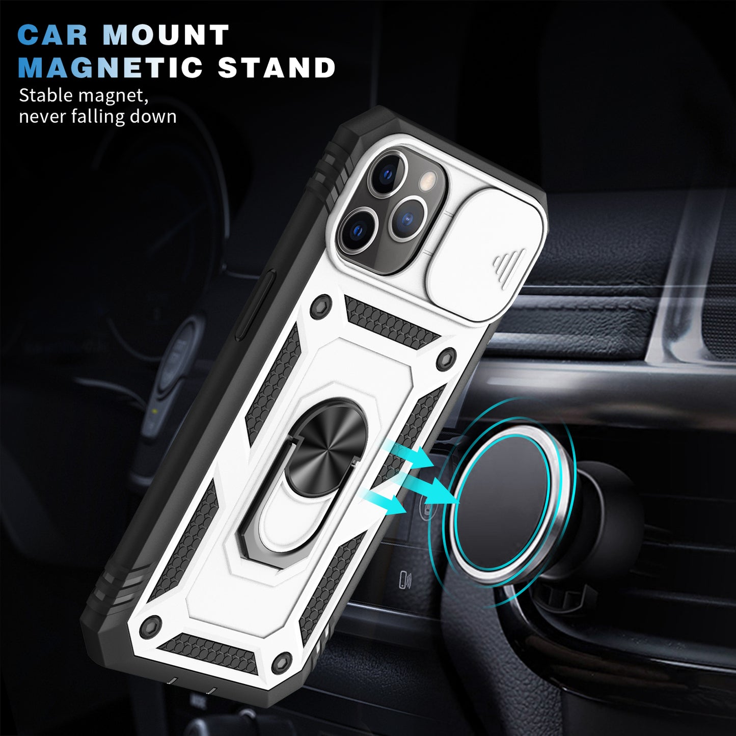 Shockproof Hard PC Back + TPU Frame Protective Case with Kickstand and Slide Camera Lens Protection for iPhone 11 Pro 5.8 inch