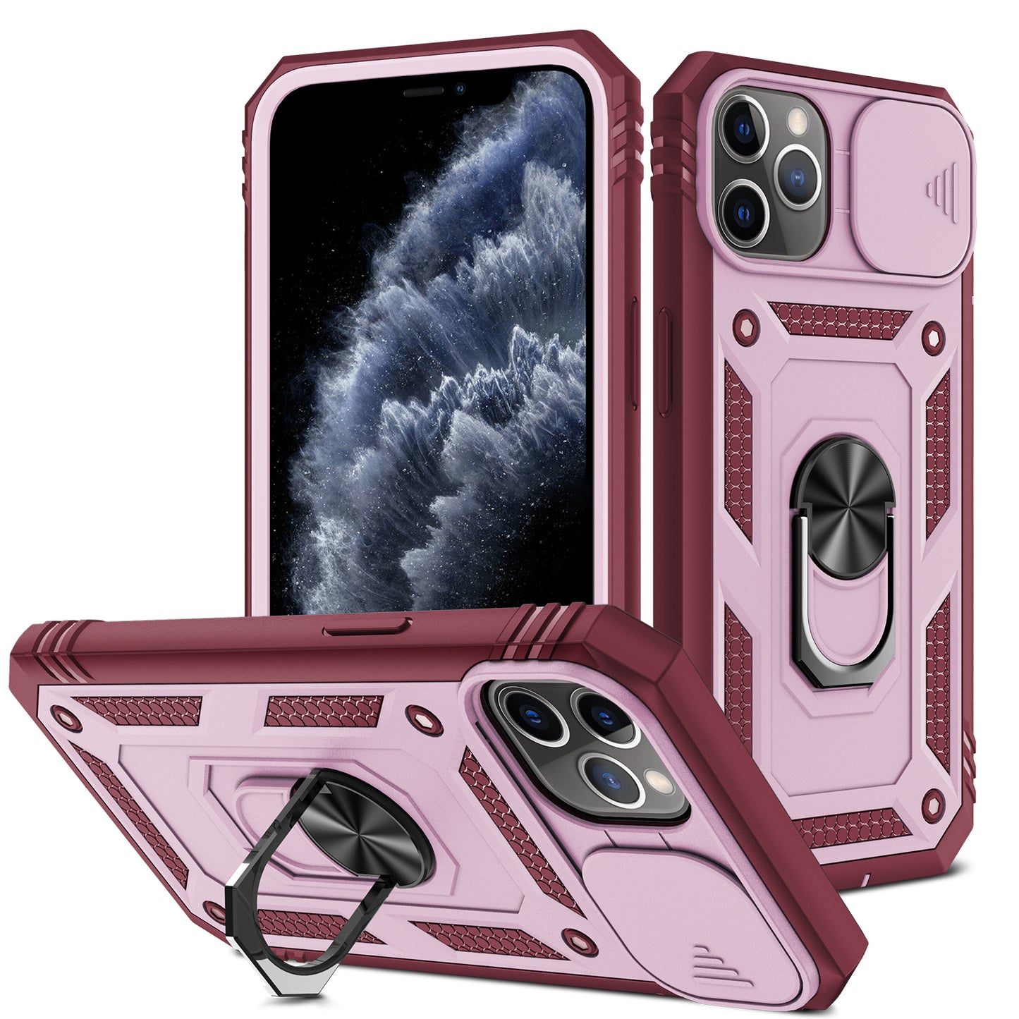 Shockproof Hard PC Back + TPU Frame Protective Case with Kickstand and Slide Camera Lens Protection for iPhone 11 Pro 5.8 inch