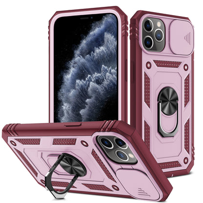 Shockproof Hard PC Back + TPU Frame Protective Case with Kickstand and Slide Camera Lens Protection for iPhone 11 Pro 5.8 inch