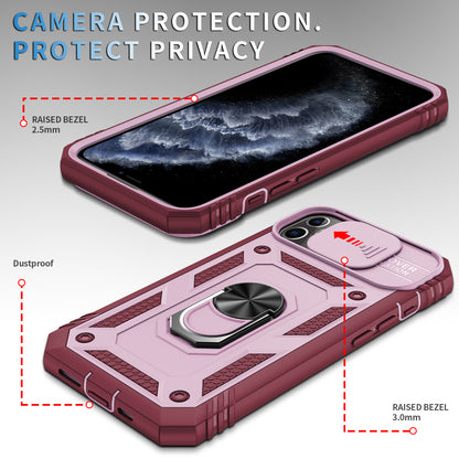 Shockproof Hard PC Back + TPU Frame Protective Case with Kickstand and Slide Camera Lens Protection for iPhone 11 Pro 5.8 inch