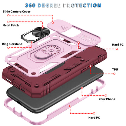 Shockproof Hard PC Back + TPU Frame Protective Case with Kickstand and Slide Camera Lens Protection for iPhone 11 Pro 5.8 inch