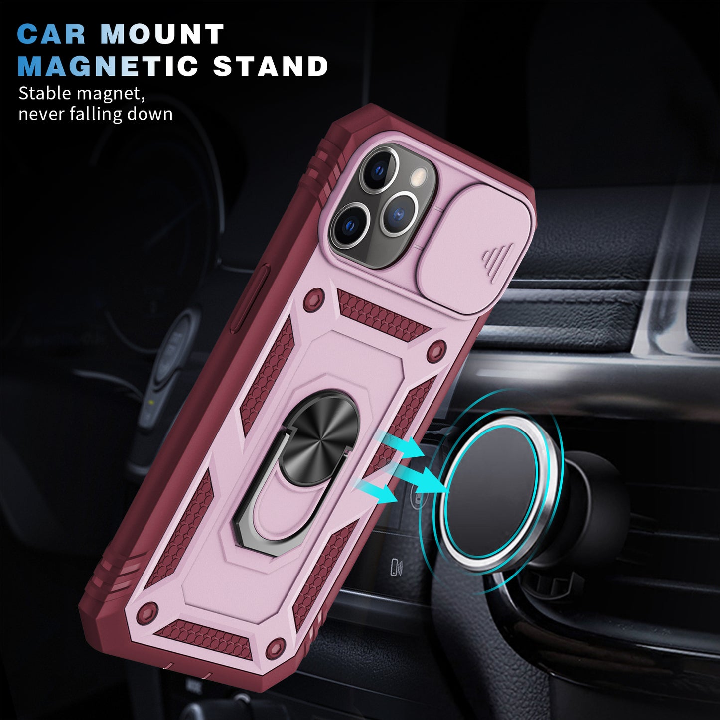 Shockproof Hard PC Back + TPU Frame Protective Case with Kickstand and Slide Camera Lens Protection for iPhone 11 Pro 5.8 inch