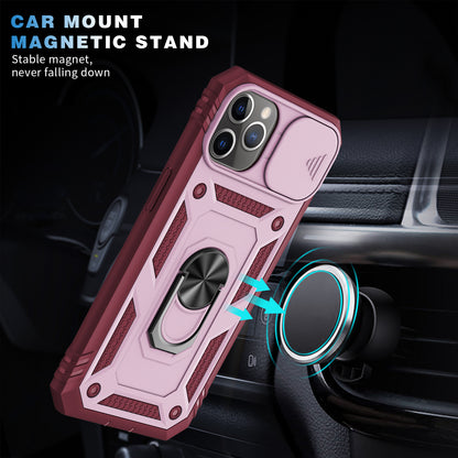 Shockproof Hard PC Back + TPU Frame Protective Case with Kickstand and Slide Camera Lens Protection for iPhone 11 Pro 5.8 inch