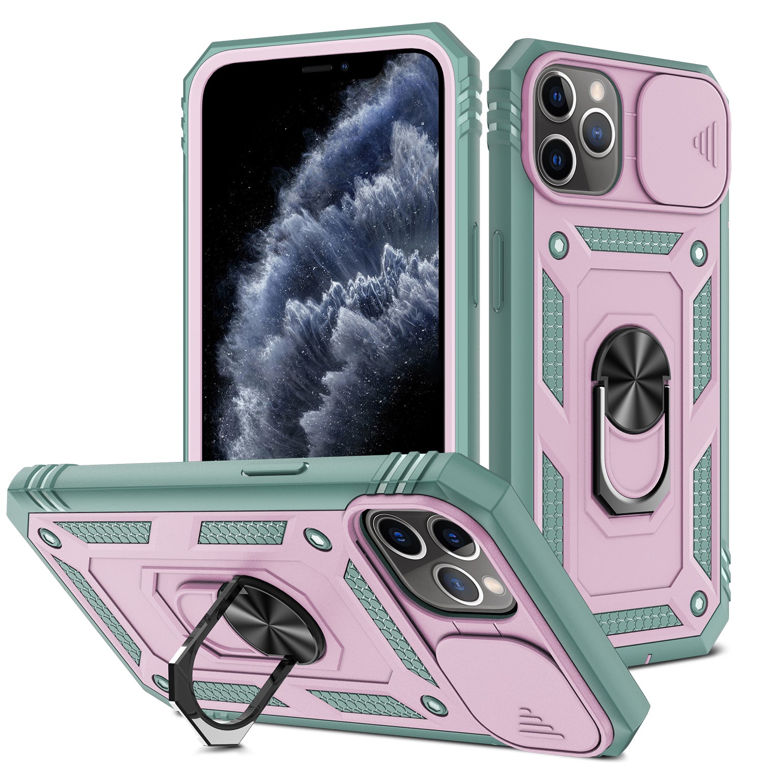 Shockproof Hard PC Back + TPU Frame Protective Case with Kickstand and Slide Camera Lens Protection for iPhone 11 Pro 5.8 inch