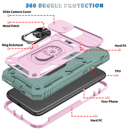 Shockproof Hard PC Back + TPU Frame Protective Case with Kickstand and Slide Camera Lens Protection for iPhone 11 Pro 5.8 inch