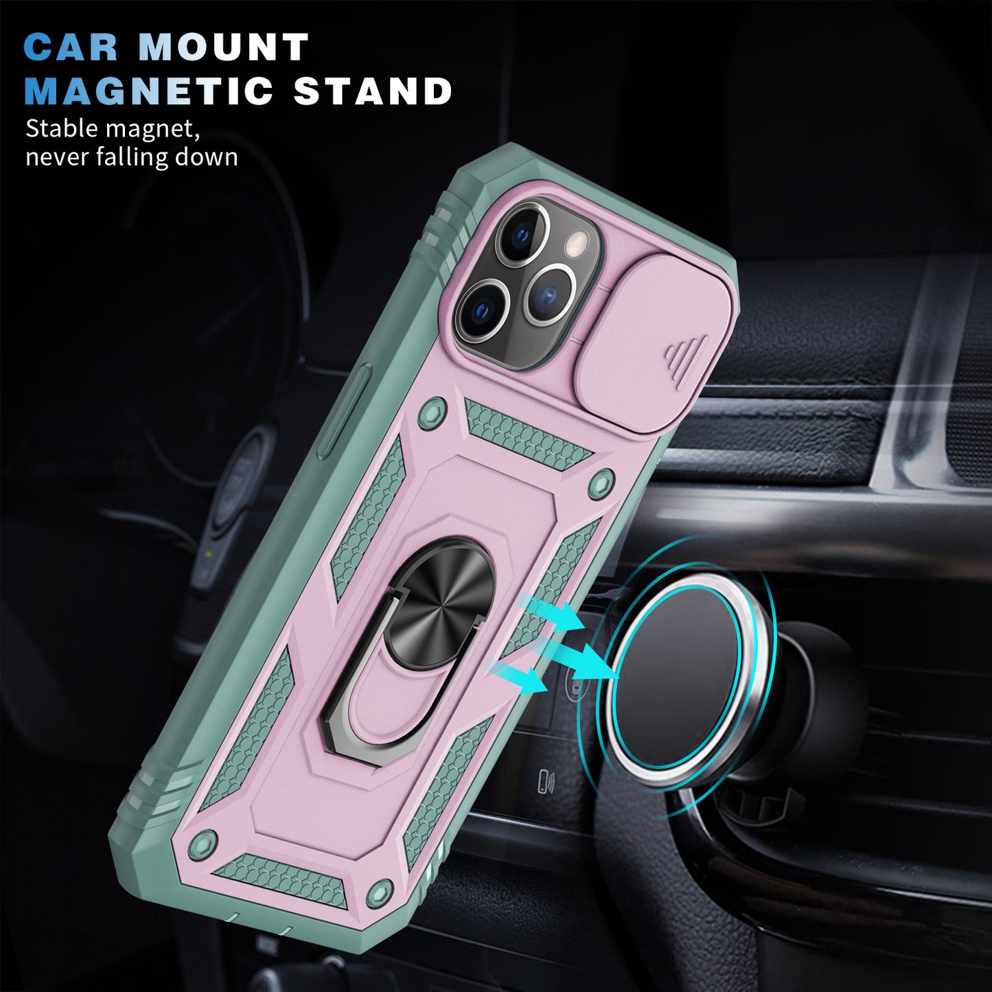 Shockproof Hard PC Back + TPU Frame Protective Case with Kickstand and Slide Camera Lens Protection for iPhone 11 Pro 5.8 inch