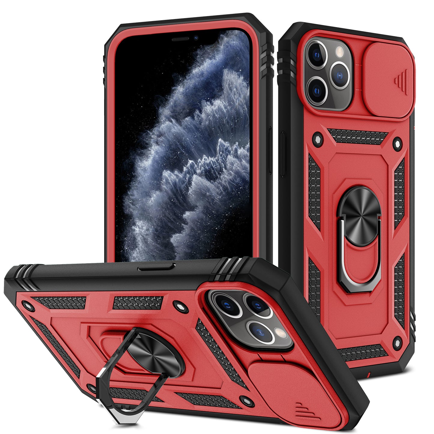 Shockproof Hard PC Back + TPU Frame Protective Case with Kickstand and Slide Camera Lens Protection for iPhone 11 Pro 5.8 inch