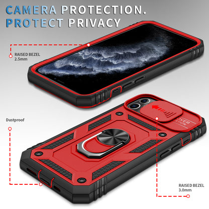 Shockproof Hard PC Back + TPU Frame Protective Case with Kickstand and Slide Camera Lens Protection for iPhone 11 Pro 5.8 inch