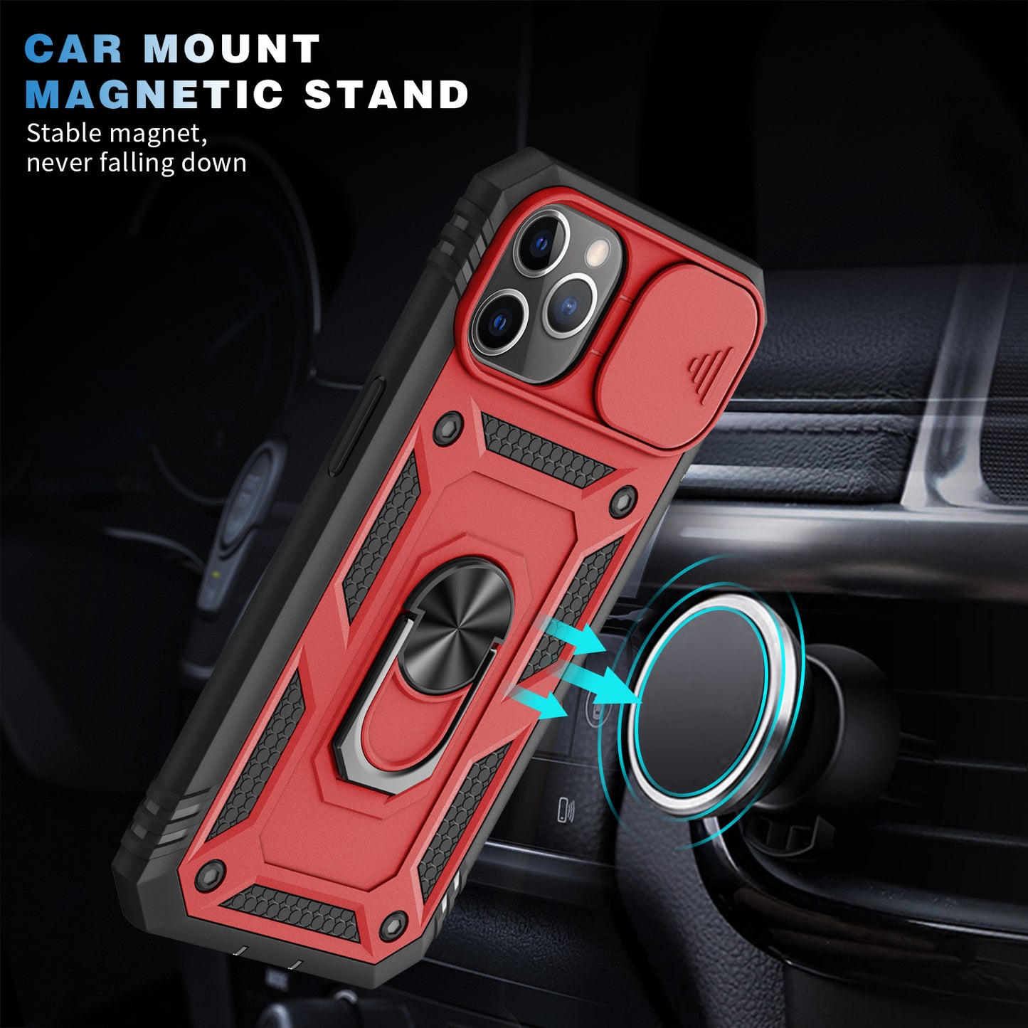 Shockproof Hard PC Back + TPU Frame Protective Case with Kickstand and Slide Camera Lens Protection for iPhone 11 Pro 5.8 inch