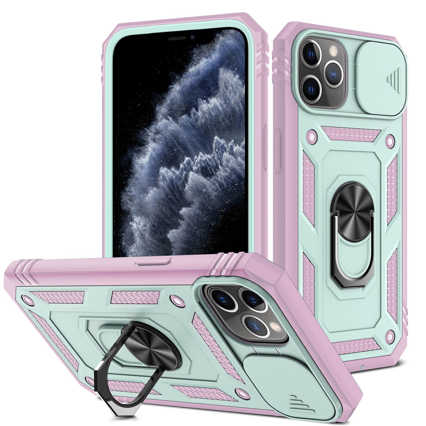 Shockproof Hard PC Back + TPU Frame Protective Case with Kickstand and Slide Camera Lens Protection for iPhone 11 Pro 5.8 inch