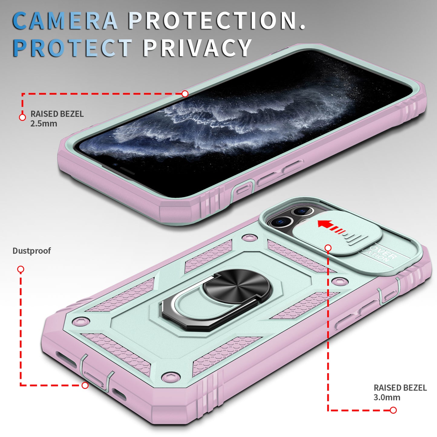 Shockproof Hard PC Back + TPU Frame Protective Case with Kickstand and Slide Camera Lens Protection for iPhone 11 Pro 5.8 inch